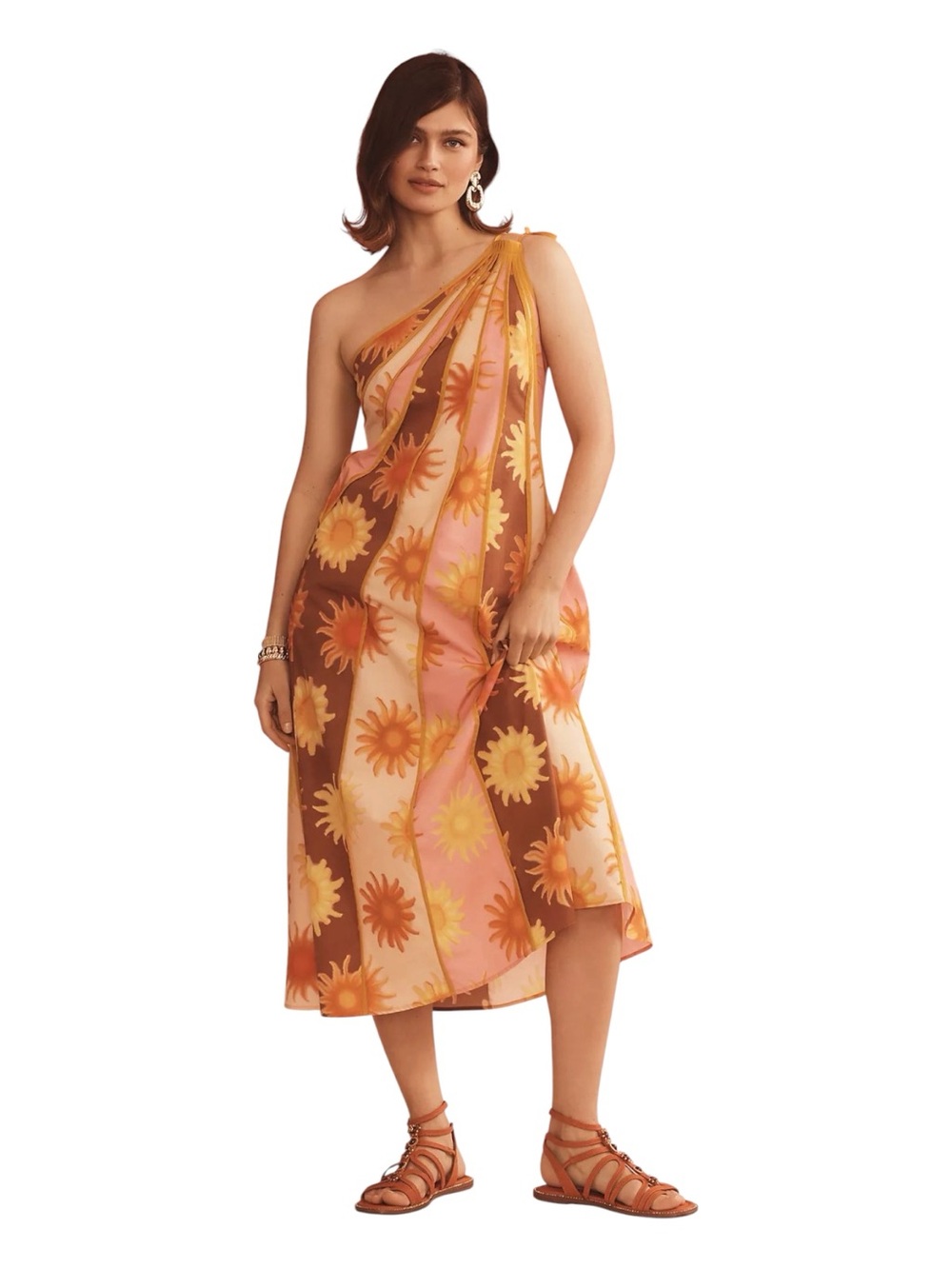 FARM RIO X  ANTHROPOLOGIE One-Shoulder Seamed A-Line Midi Dress